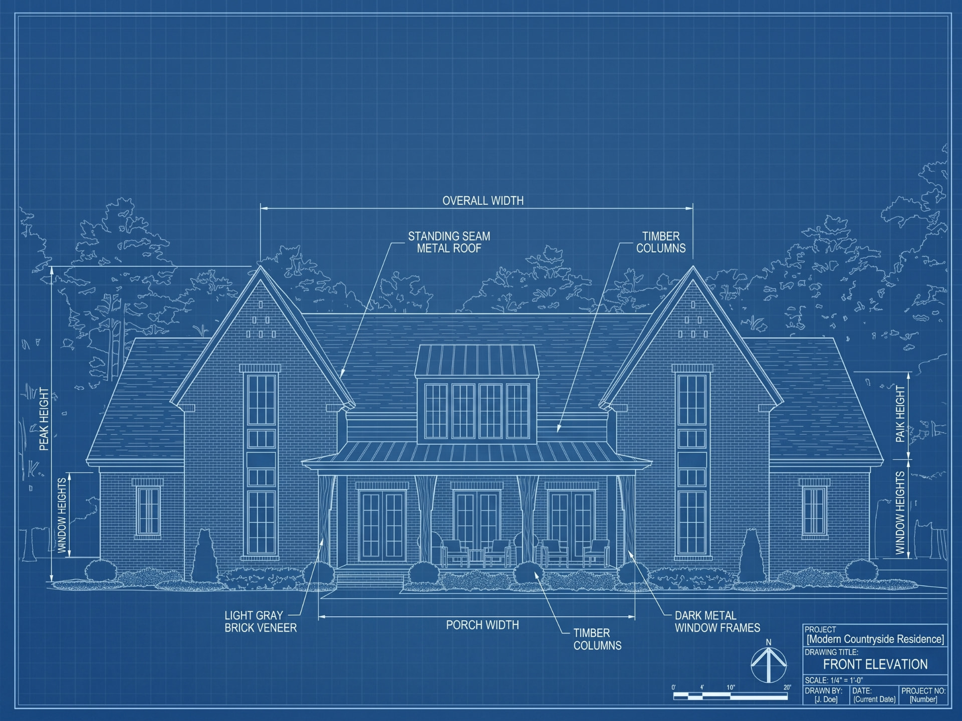 Architectural blueprint front elevation of the same home