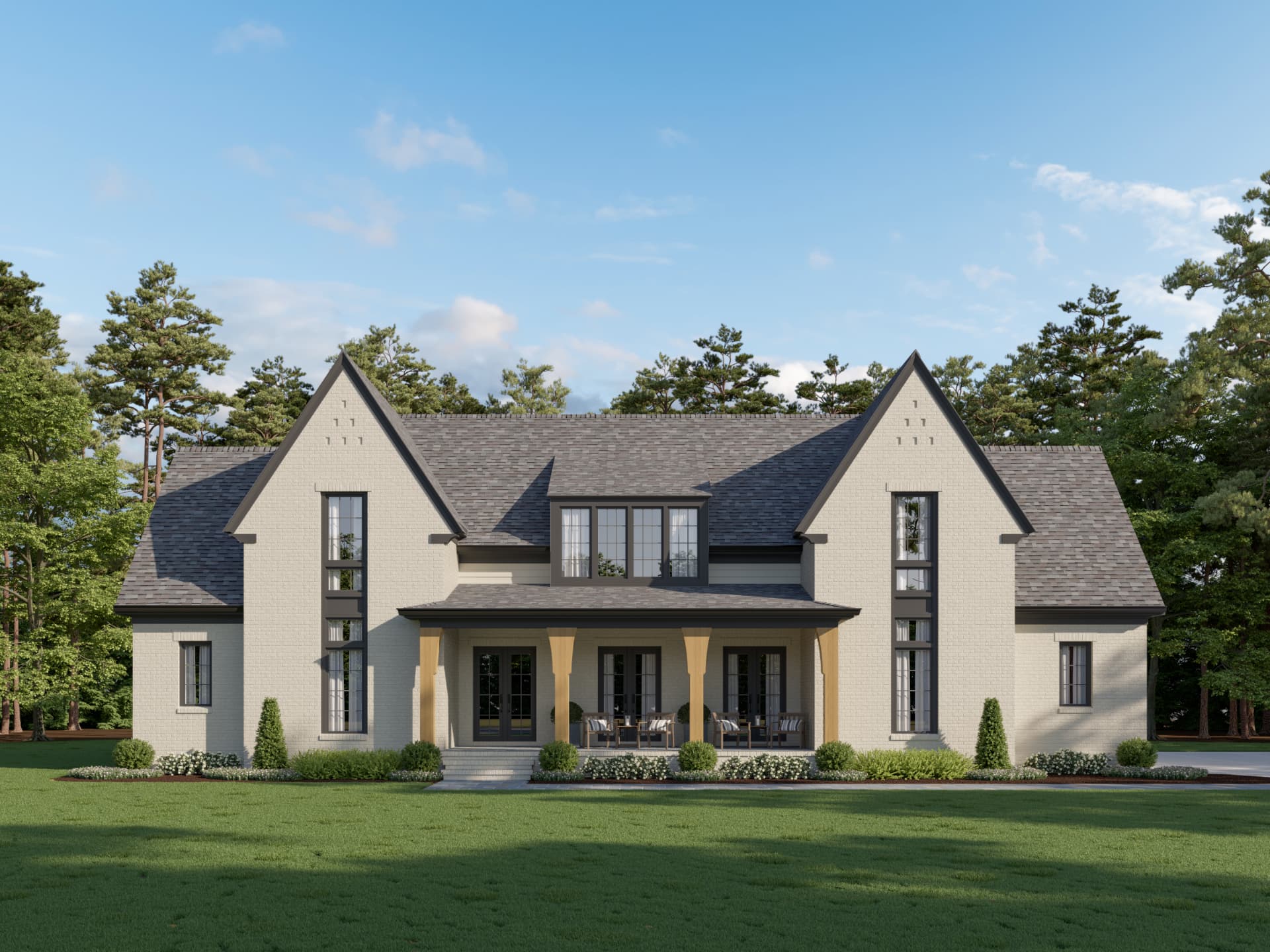 Photorealistic exterior render of a completed new-construction home